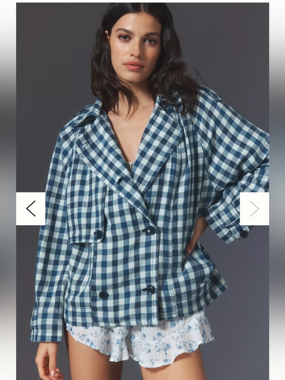 NWT Anthropologie size xS Gingham short trench coat in blue/white